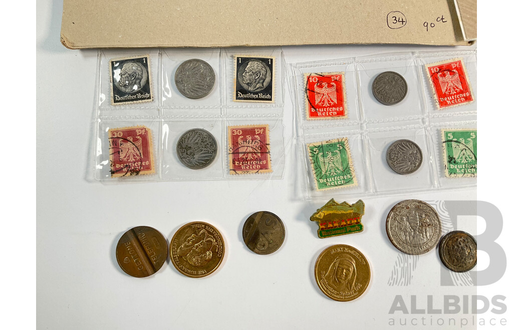 Assortment of Coins and Stamps Including German 1930's Coins and Stamps, Australian Medallions, Mint AFL Stamps, Italian Phone Tokens, South Sumatra Pitis, USA Civil War Medallion, Vintage Wrist Watches and Bracelet