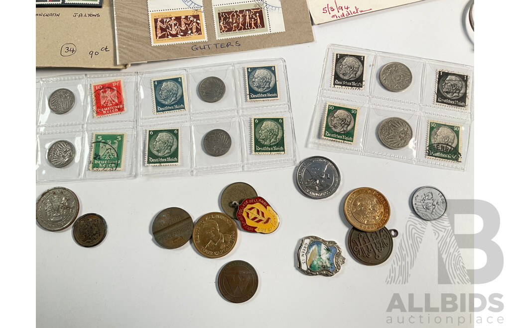 Assortment of Coins and Stamps Including German 1930's Coins and Stamps, Australian Medallions, Mint AFL Stamps, Italian Phone Tokens, South Sumatra Pitis, USA Civil War Medallion, Vintage Wrist Watches and Bracelet
