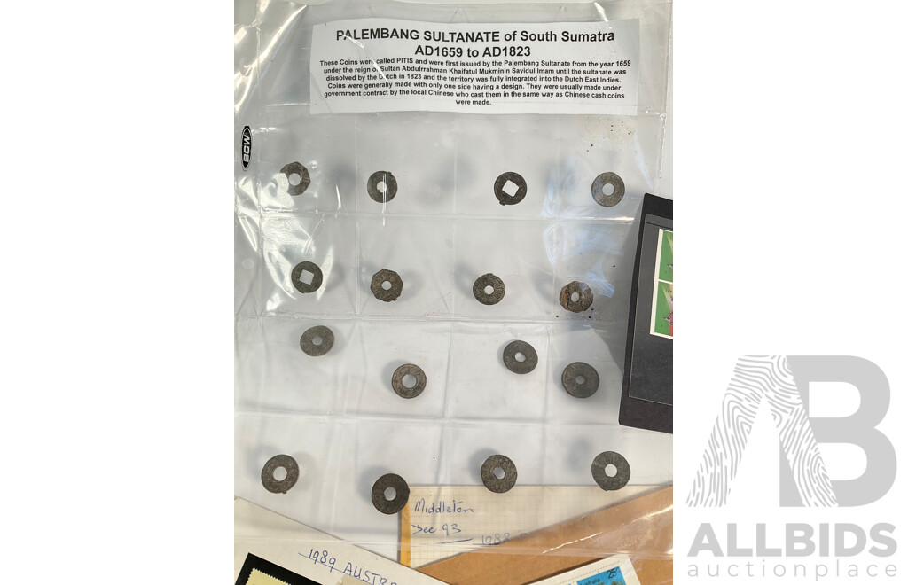 Assortment of Coins and Stamps Including German 1930's Coins and Stamps, Australian Medallions, Mint AFL Stamps, Italian Phone Tokens, South Sumatra Pitis, USA Civil War Medallion, Vintage Wrist Watches and Bracelet