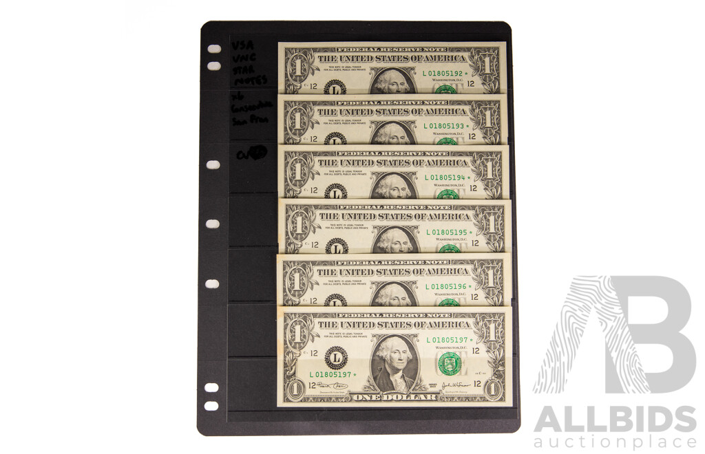 Six USA 2003 San Fransisco One Dollar Star Banknotes, Consecutive L O1805192 - L O1805197