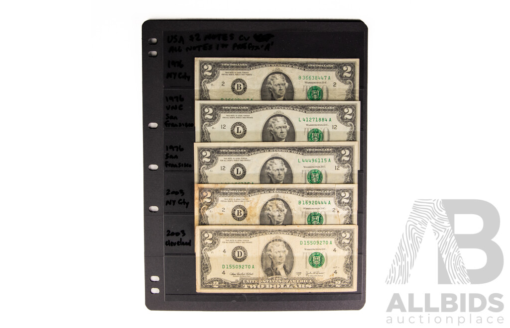 Collection of Ten USA One and Two Dollar Banknotes Including 1960's, 1970's 2000's, New York Star Note, Cleveland, St Louis, Boston, Chicago, San Fransisco