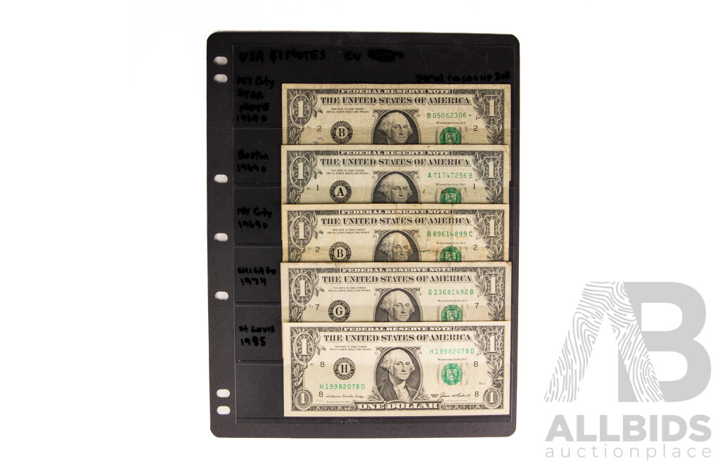 Collection of Ten USA One and Two Dollar Banknotes Including 1960's, 1970's 2000's, New York Star Note, Cleveland, St Louis, Boston, Chicago, San Fransisco