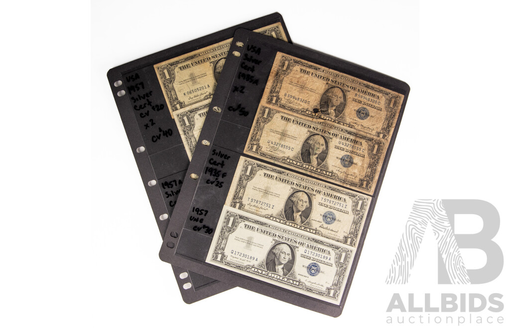 Collection of Eight USA One Dollar Silver Certificate Banknotes Including 1935A, 1935F, 1957A, 1957B