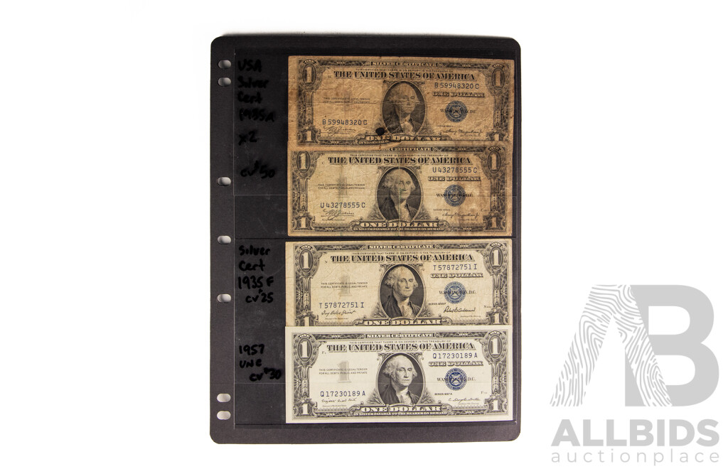 Collection of Eight USA One Dollar Silver Certificate Banknotes Including 1935A, 1935F, 1957A, 1957B