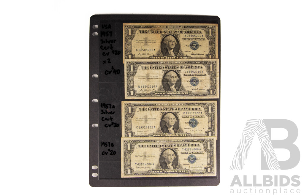 Collection of Eight USA One Dollar Silver Certificate Banknotes Including 1935A, 1935F, 1957A, 1957B