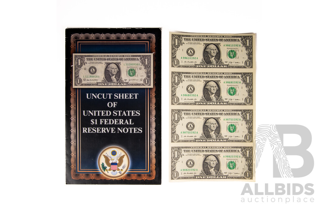 Four USA Uncut One Dollar Banknotes, 2009, Boston