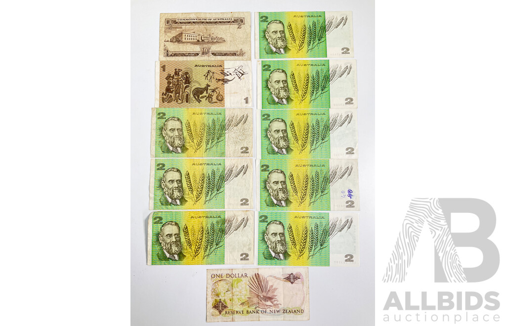 Collection of Australian Banknotes Including 1961 Ten Shillings, Coombs/Wilson, 1982 One Dollar, Johnston/Stone, Eight 1985 Two Dollars Johnston/Fraser, New Zealand QE2 One Dollar Note