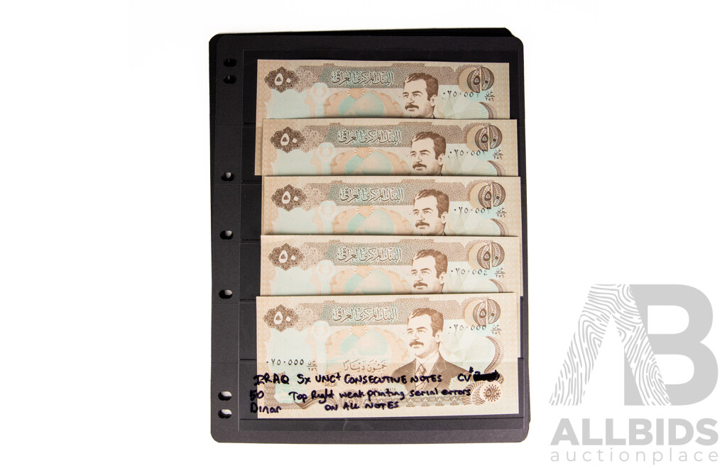 Collection of Iran and Iraq Banknotes Including Consecutive and UNC
