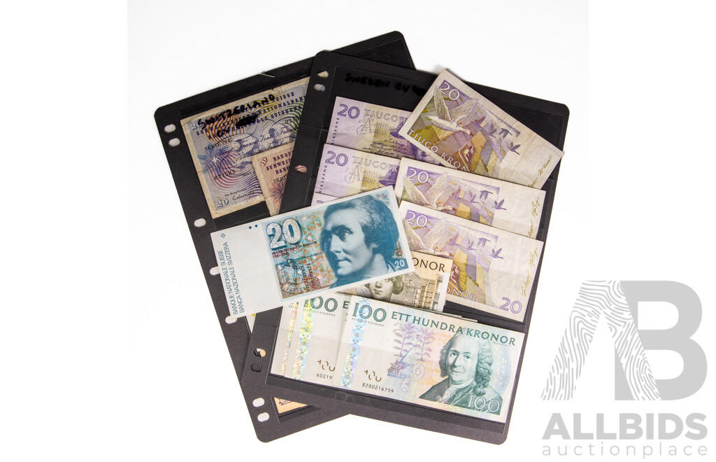 Collection of Switzerland, Austria and Sweden Banknotes