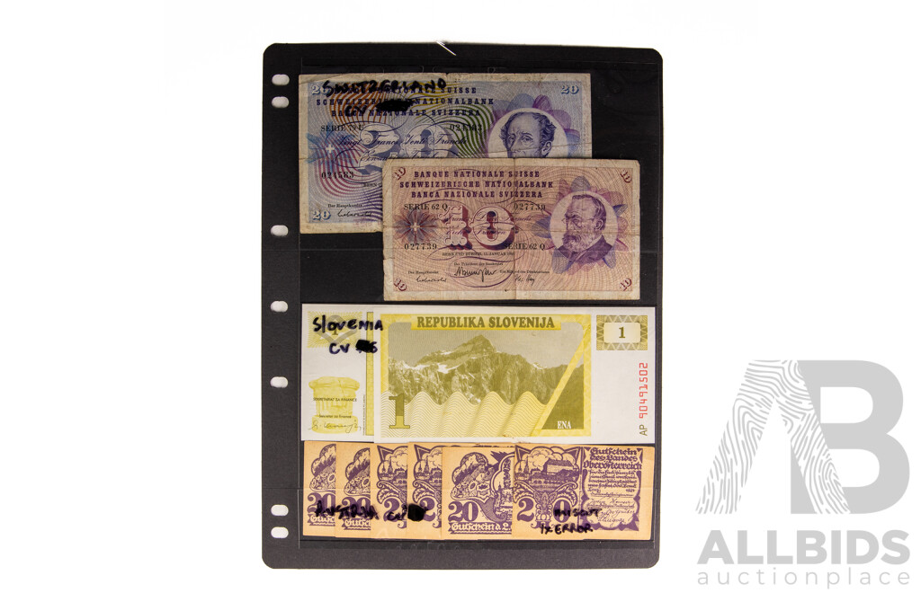 Collection of Switzerland, Austria and Sweden Banknotes