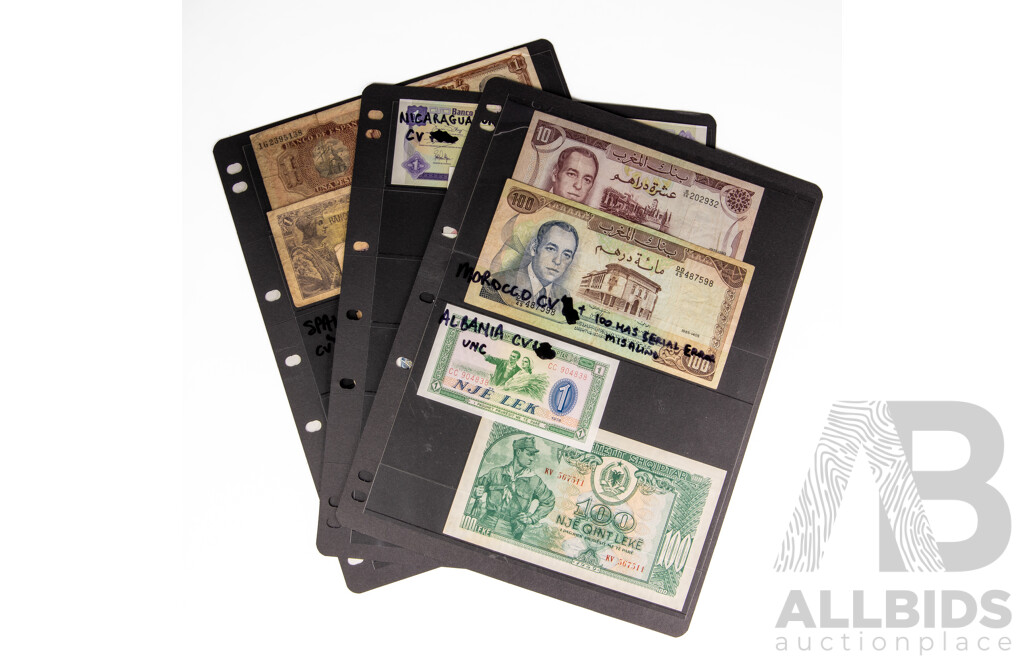 Collection of Vintage International Banknotes Including Albania, Morocco, Spain, Nicaragua