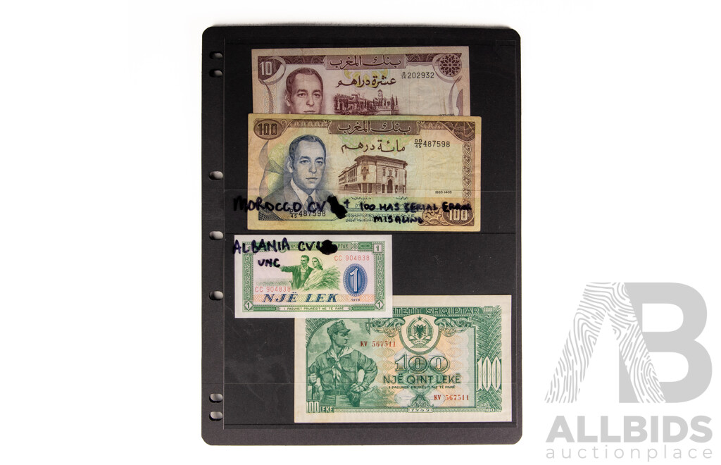 Collection of Vintage International Banknotes Including Albania, Morocco, Spain, Nicaragua