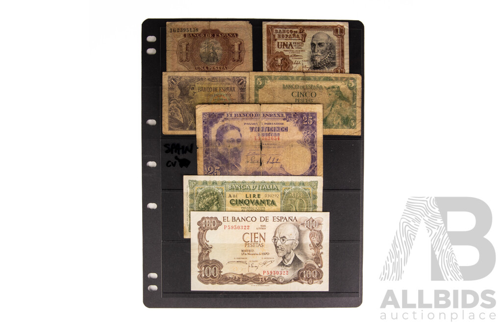 Collection of Vintage International Banknotes Including Albania, Morocco, Spain, Nicaragua