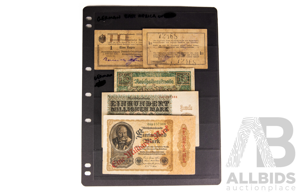 Collection of Antique German Banknotes Including German East Africa and Hyperinflation