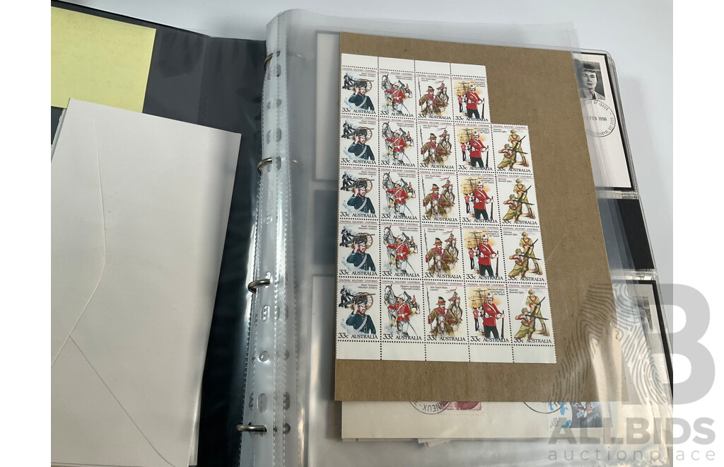 Album of Royal Australian Armoured Corps Commemorative Envelopes with Additional Army Themed Mint Stamps and Covers and The Commonwealth Collection 1983 Mint Stamp Album