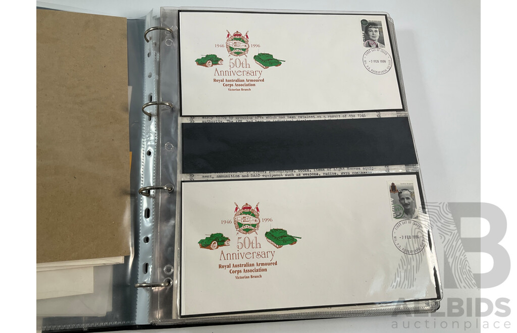 Album of Royal Australian Armoured Corps Commemorative Envelopes with Additional Army Themed Mint Stamps and Covers and The Commonwealth Collection 1983 Mint Stamp Album