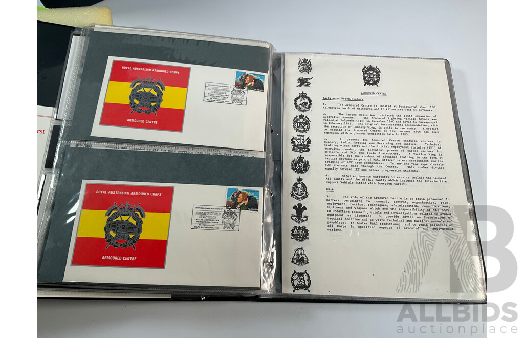 Album of Royal Australian Armoured Corps Commemorative Envelopes with Additional Army Themed Mint Stamps and Covers and The Commonwealth Collection 1983 Mint Stamp Album
