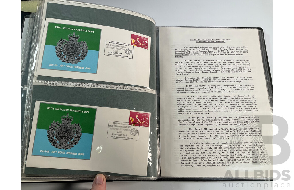 Album of Royal Australian Armoured Corps Commemorative Envelopes with Additional Army Themed Mint Stamps and Covers and The Commonwealth Collection 1983 Mint Stamp Album