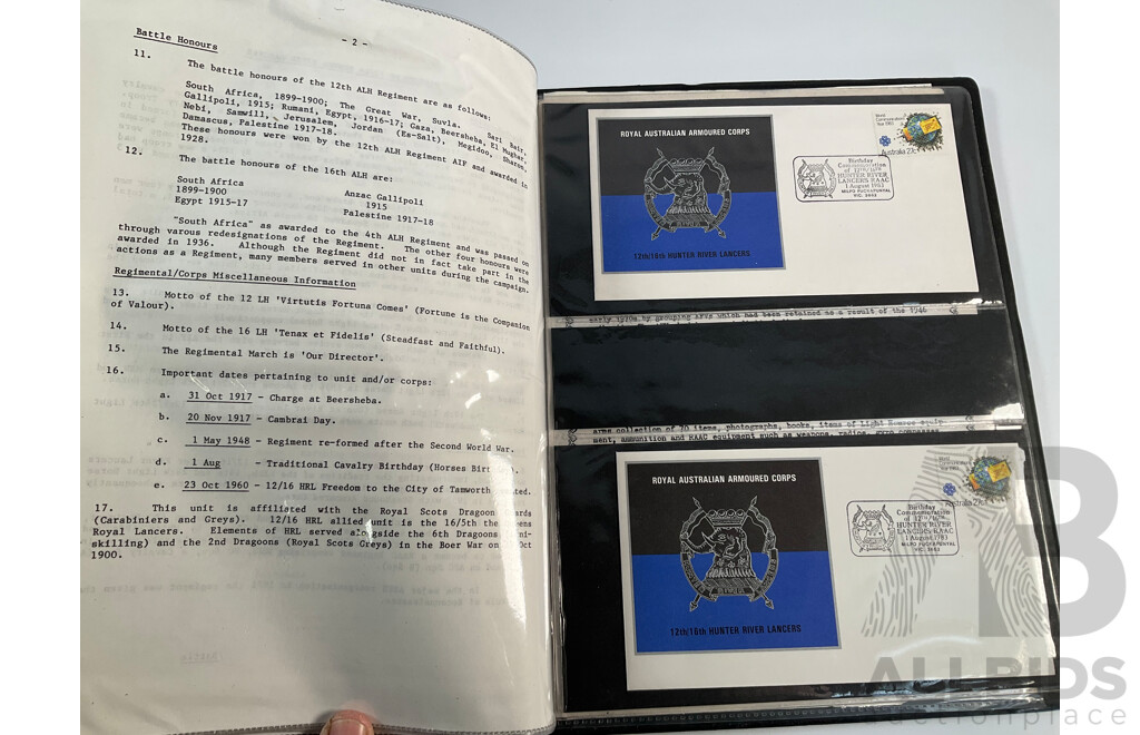 Album of Royal Australian Armoured Corps Commemorative Envelopes with Additional Army Themed Mint Stamps and Covers and The Commonwealth Collection 1983 Mint Stamp Album