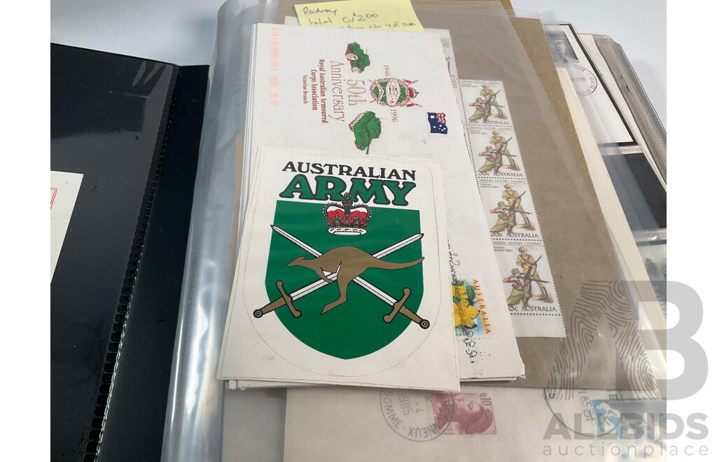 Album of Royal Australian Armoured Corps Commemorative Envelopes with Additional Army Themed Mint Stamps and Covers and The Commonwealth Collection 1983 Mint Stamp Album
