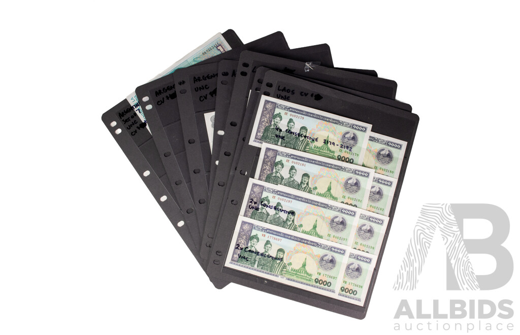 Collection of Vintage Argentina and Laos Banknotes Including Consecutive, Sets and UNC