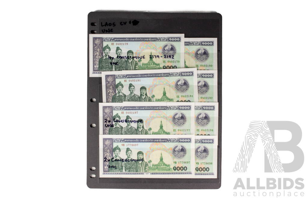 Collection of Vintage Argentina and Laos Banknotes Including Consecutive, Sets and UNC