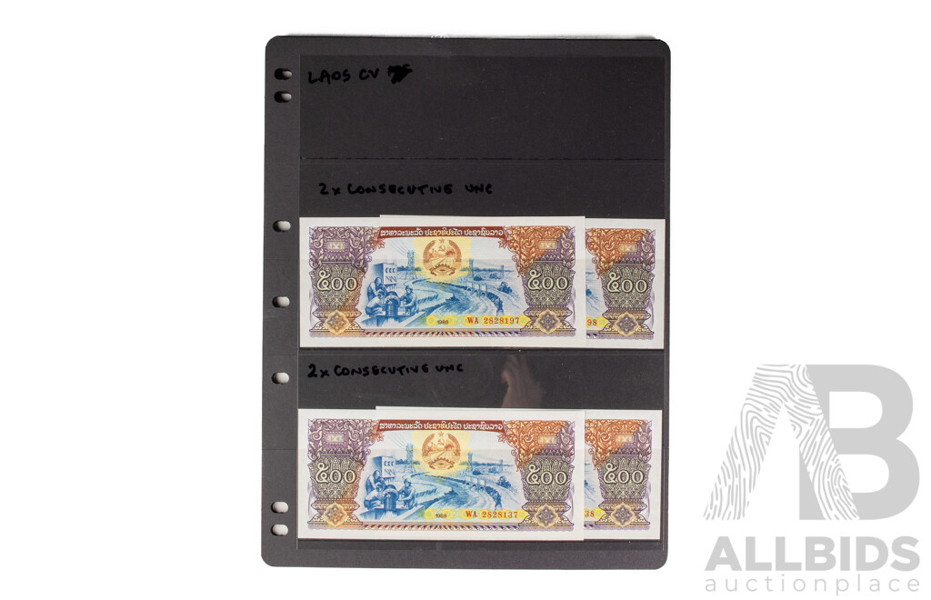 Collection of Vintage Argentina and Laos Banknotes Including Consecutive, Sets and UNC