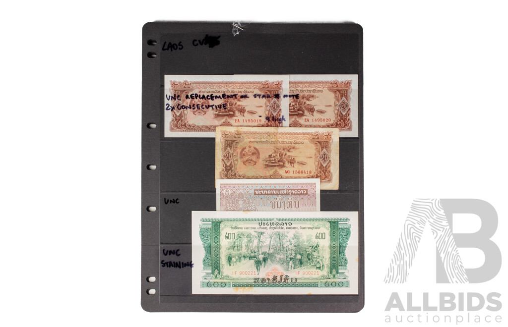 Collection of Vintage Argentina and Laos Banknotes Including Consecutive, Sets and UNC