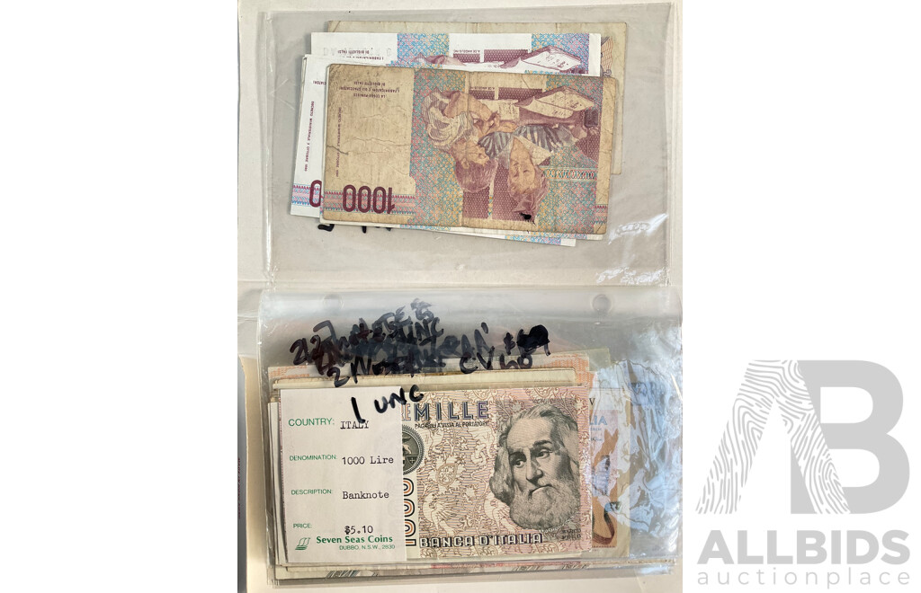 Album of Vintage Italian Banknotes, Examples Spanning 1940's to 1990's Including UNC