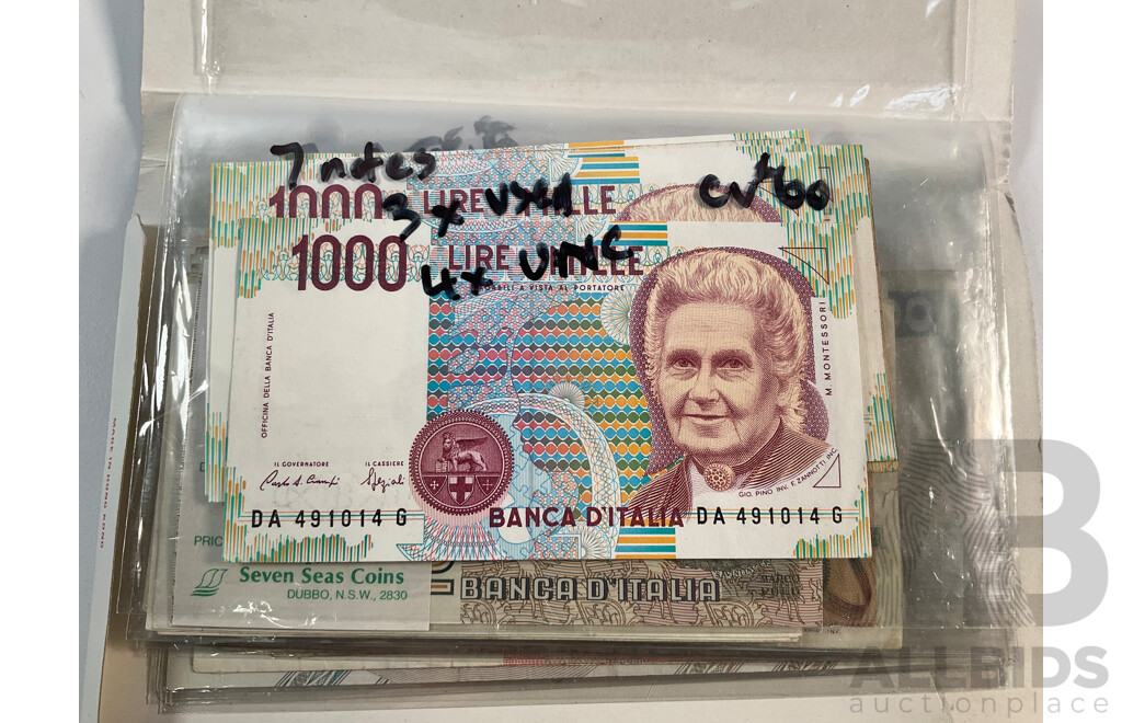 Album of Vintage Italian Banknotes, Examples Spanning 1940's to 1990's Including UNC