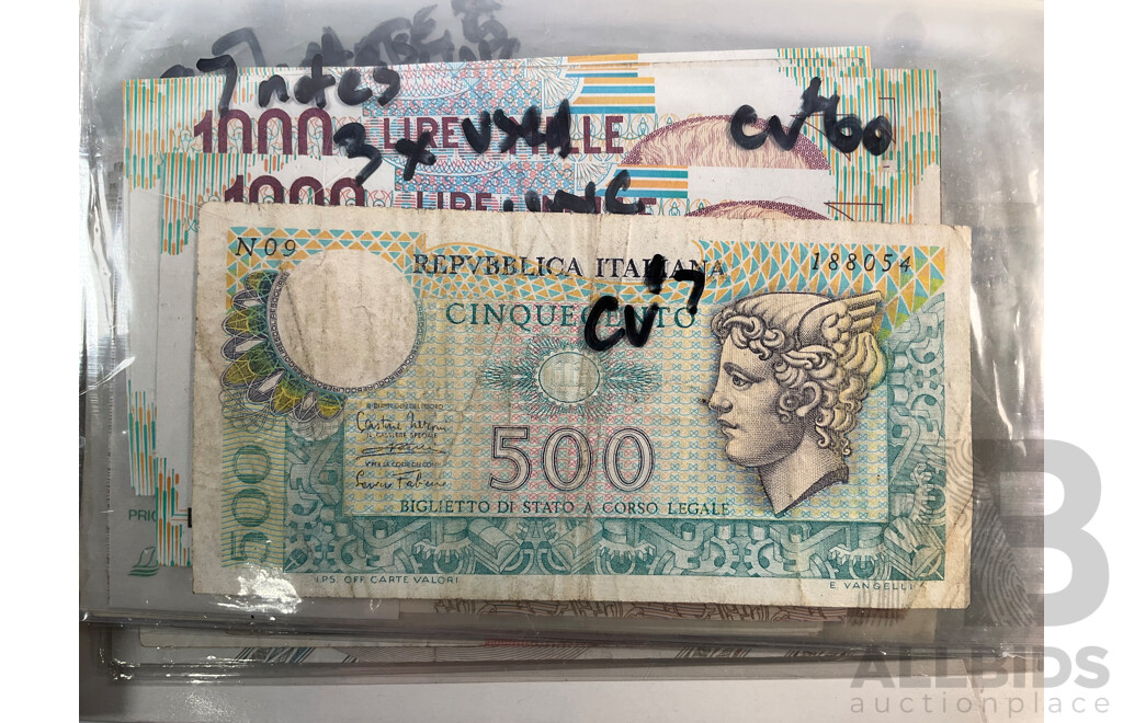 Album of Vintage Italian Banknotes, Examples Spanning 1940's to 1990's Including UNC