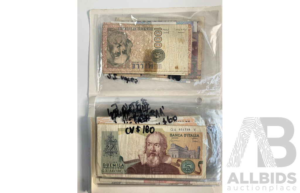 Album of Vintage Italian Banknotes, Examples Spanning 1940's to 1990's Including UNC