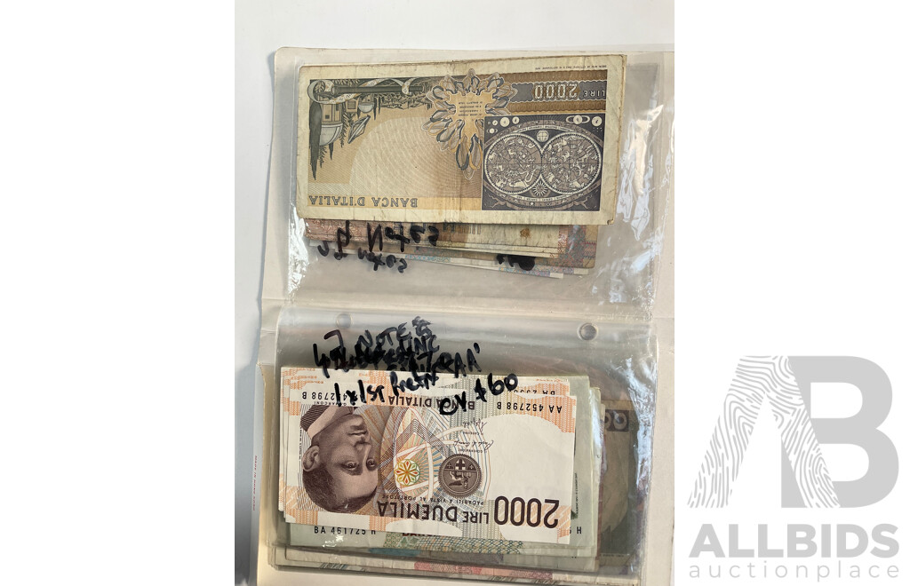 Album of Vintage Italian Banknotes, Examples Spanning 1940's to 1990's Including UNC