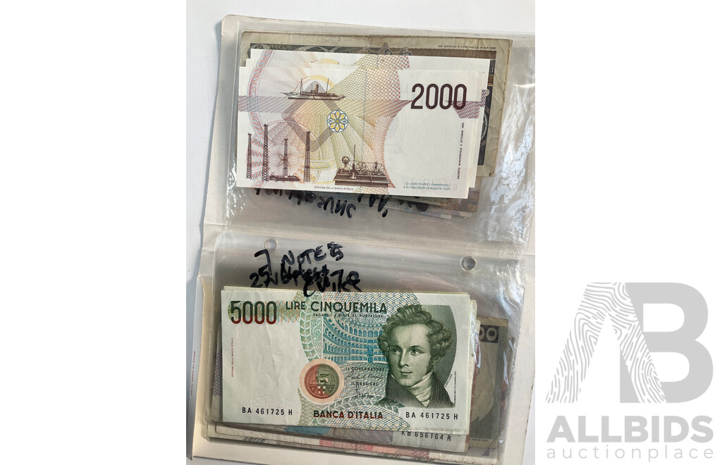 Album of Vintage Italian Banknotes, Examples Spanning 1940's to 1990's Including UNC