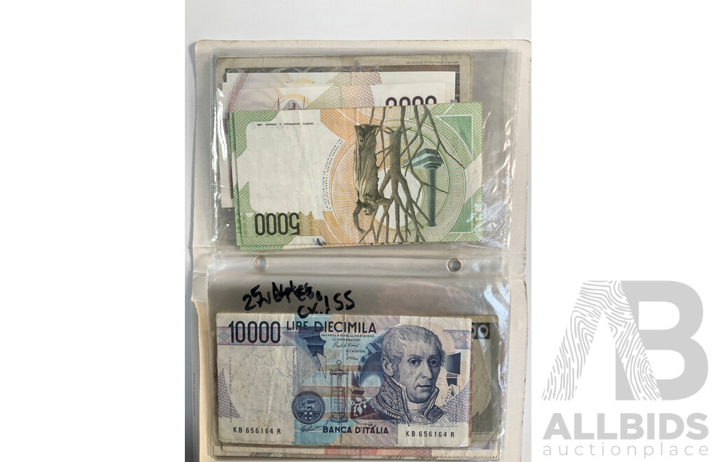 Album of Vintage Italian Banknotes, Examples Spanning 1940's to 1990's Including UNC