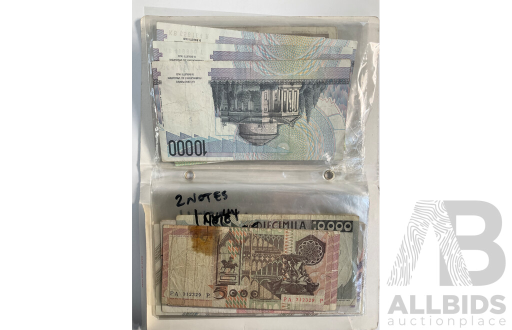 Album of Vintage Italian Banknotes, Examples Spanning 1940's to 1990's Including UNC
