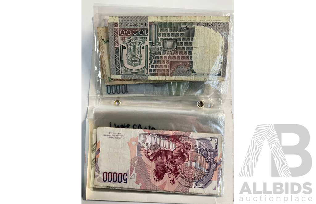 Album of Vintage Italian Banknotes, Examples Spanning 1940's to 1990's Including UNC