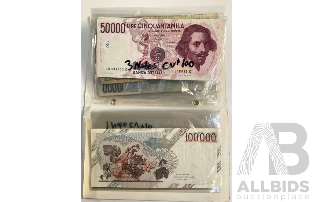 Album of Vintage Italian Banknotes, Examples Spanning 1940's to 1990's Including UNC