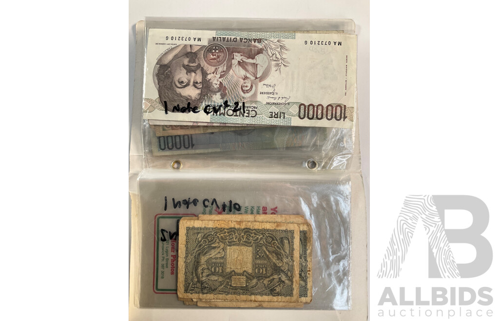 Album of Vintage Italian Banknotes, Examples Spanning 1940's to 1990's Including UNC