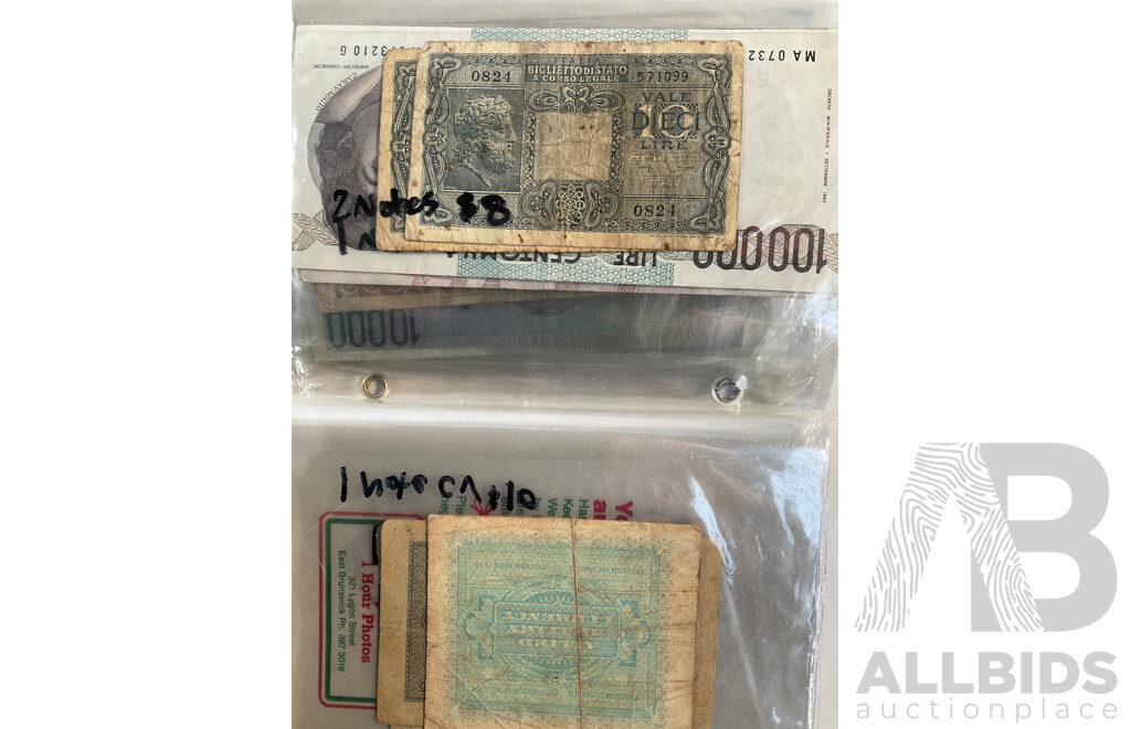 Album of Vintage Italian Banknotes, Examples Spanning 1940's to 1990's Including UNC
