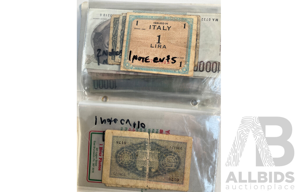 Album of Vintage Italian Banknotes, Examples Spanning 1940's to 1990's Including UNC