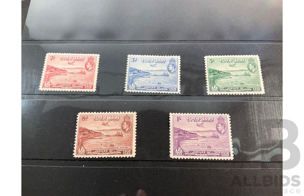 Papua 1938 Mint Stamp Set, Air Mail Jubilee of Declaration of British Possession and 1939 KGVI Mint Air Mail Set
