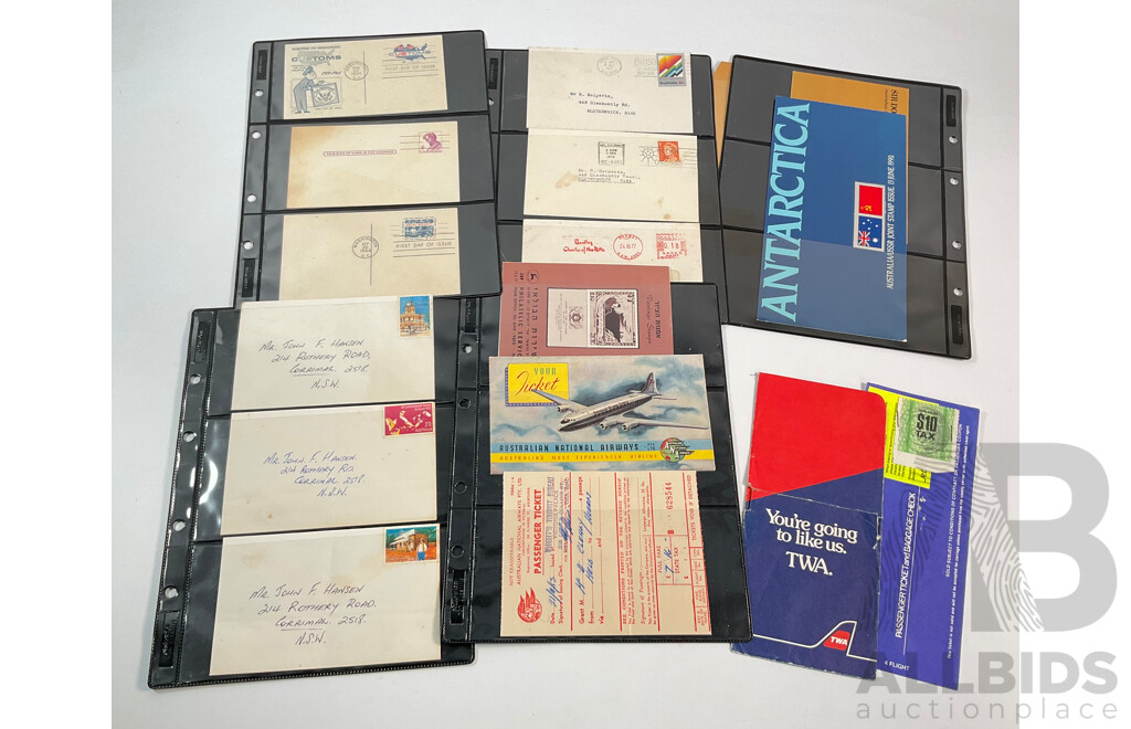 Australia National Airways Ticket and Envelope, TWA Ticket and Folder, USA 1964 First Day Cover, 175th Customs Anniversary, 1967 50th Anniversary Purchase of the Virgin Islands