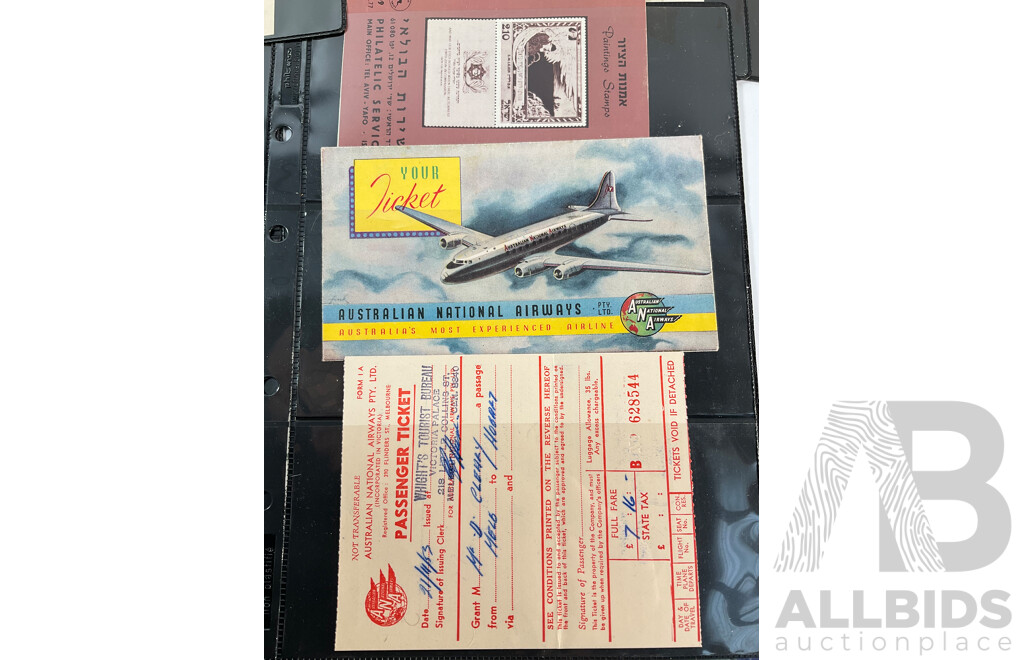Australia National Airways Ticket and Envelope, TWA Ticket and Folder, USA 1964 First Day Cover, 175th Customs Anniversary, 1967 50th Anniversary Purchase of the Virgin Islands