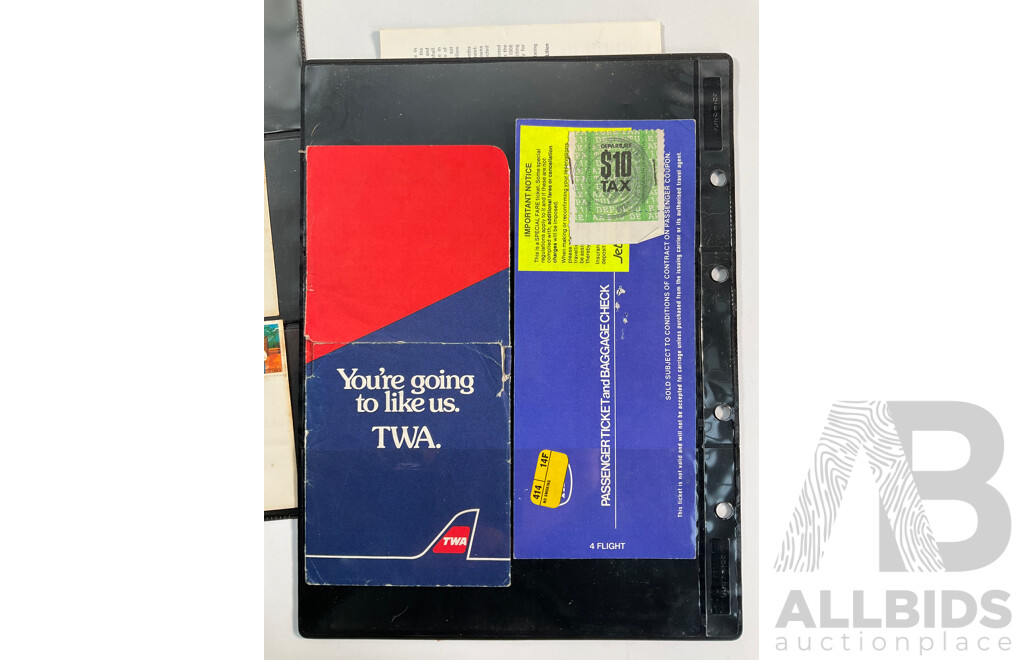 Australia National Airways Ticket and Envelope, TWA Ticket and Folder, USA 1964 First Day Cover, 175th Customs Anniversary, 1967 50th Anniversary Purchase of the Virgin Islands