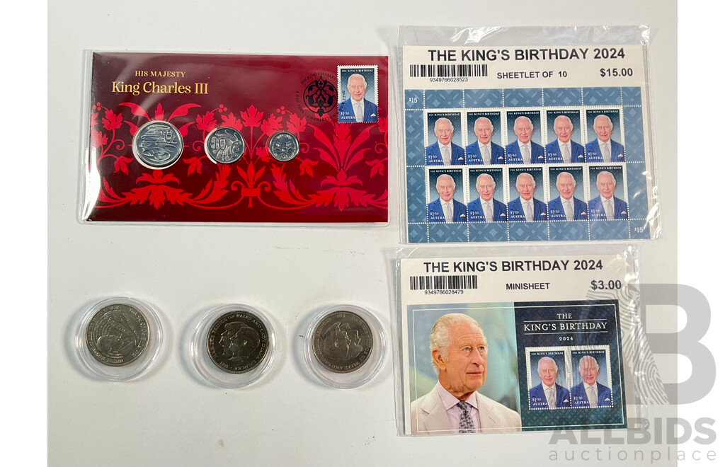 Collection of King Charles III Coins and Stamps Including Australian 2024 Three Coin PNC, 2024 Kings Birthday Sheetlet and Minisheet, Two United Kingdom 1981 Charles and Diana Crowns, 1998 Five Pounds, 50th Birthday