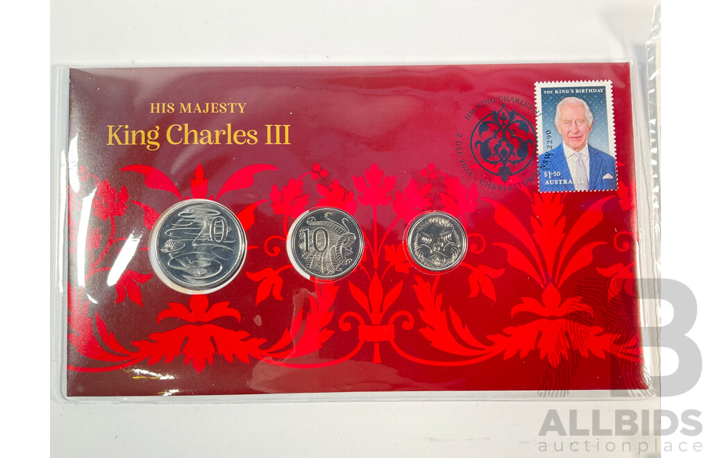 Collection of King Charles III Coins and Stamps Including Australian 2024 Three Coin PNC, 2024 Kings Birthday Sheetlet and Minisheet, Two United Kingdom 1981 Charles and Diana Crowns, 1998 Five Pounds, 50th Birthday