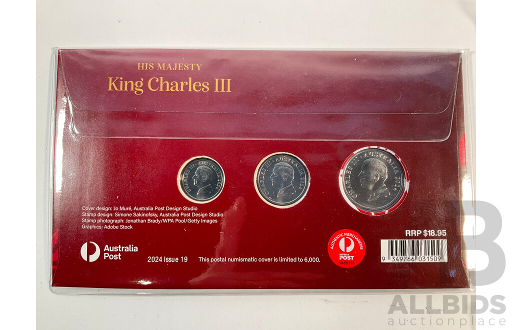 Collection of King Charles III Coins and Stamps Including Australian 2024 Three Coin PNC, 2024 Kings Birthday Sheetlet and Minisheet, Two United Kingdom 1981 Charles and Diana Crowns, 1998 Five Pounds, 50th Birthday