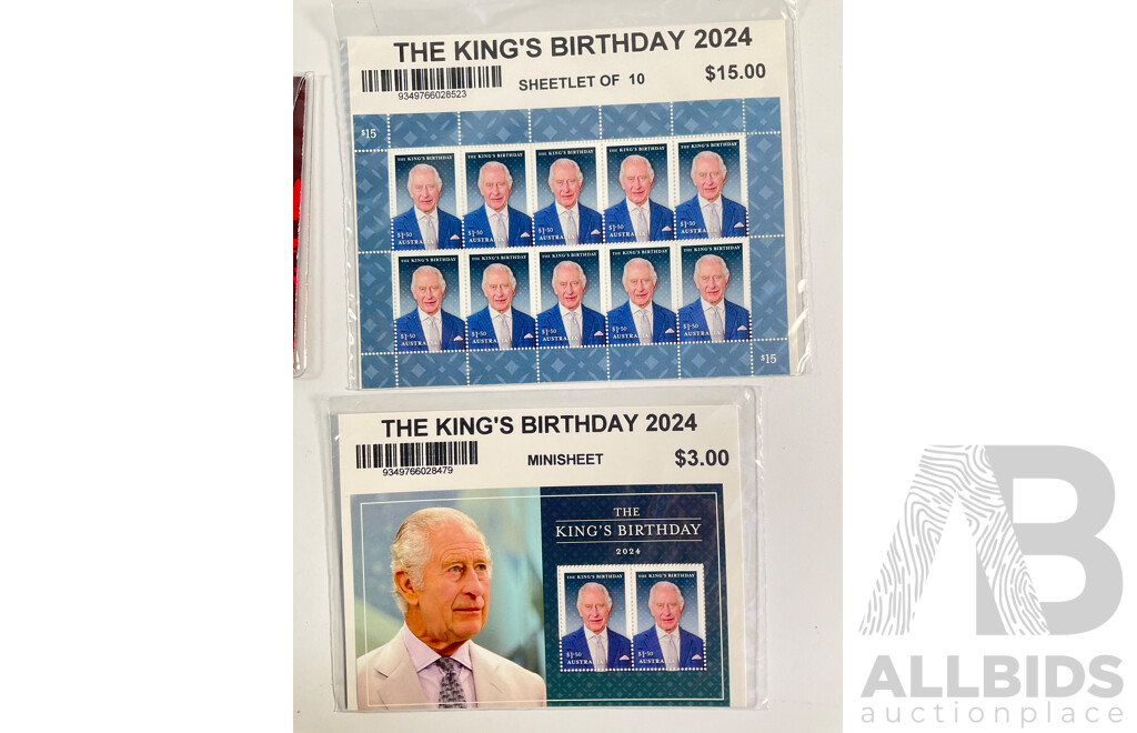 Collection of King Charles III Coins and Stamps Including Australian 2024 Three Coin PNC, 2024 Kings Birthday Sheetlet and Minisheet, Two United Kingdom 1981 Charles and Diana Crowns, 1998 Five Pounds, 50th Birthday