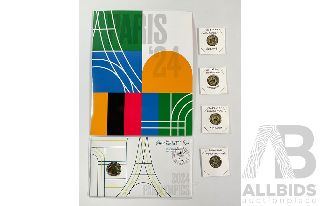 Collection of Australian 2024 Olympic Coins and Stamps Including Four Two Dollar Coins, Community, Olympism, Allezaus, Paralympics, Paralympic Coloured One Dollar PNC, Paris 24 Stamp Sheet